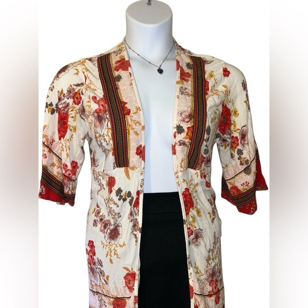 Knox Rose Cream & Red Floral Boho Open Kimono Cardigan - Size XS - Picture 7 of 10